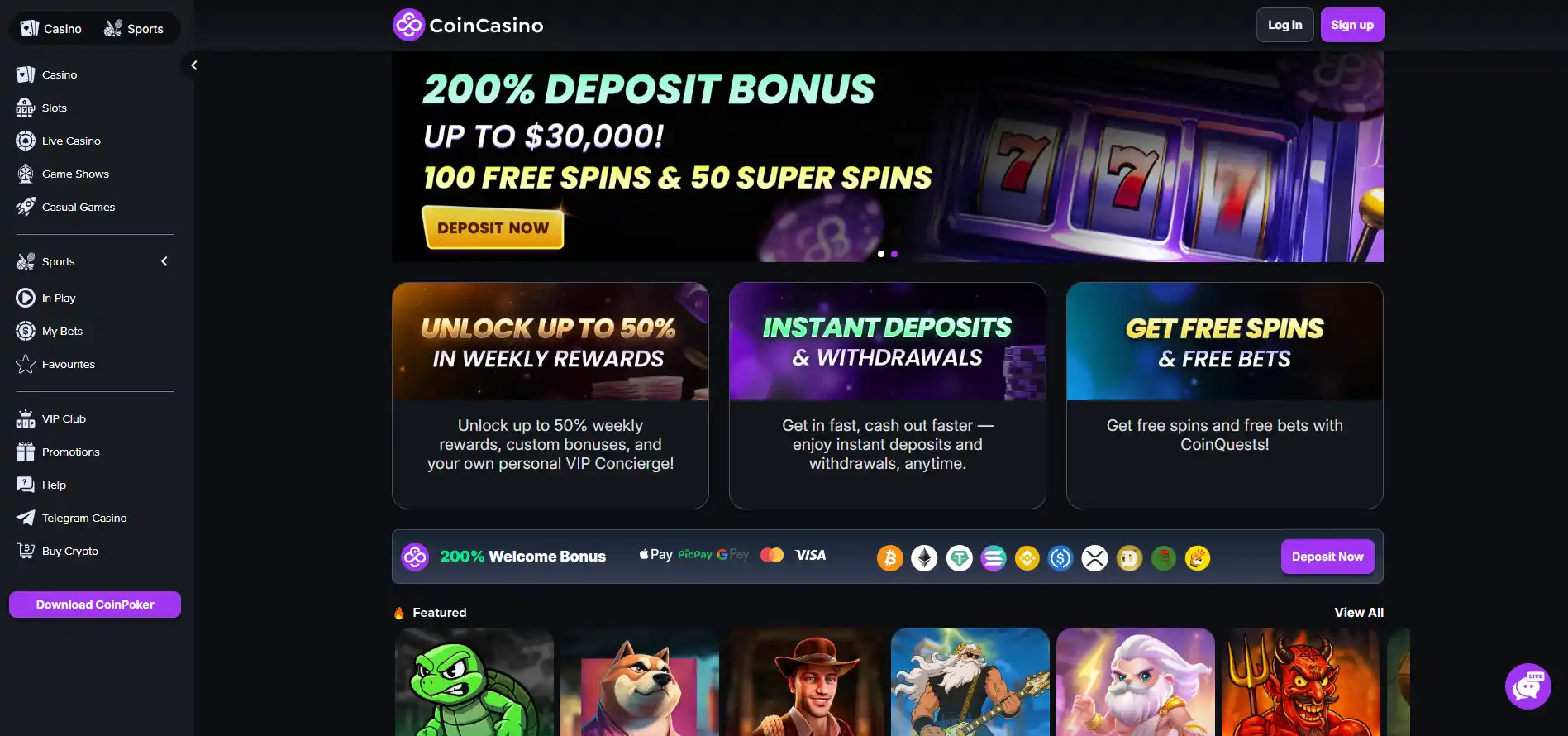 CoinCasino homepage with brand identity and the main casino navigation visible